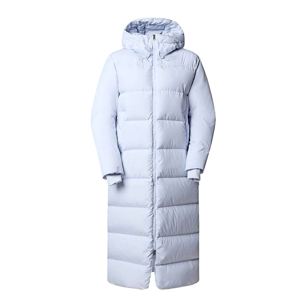 A dusty Periwinkl north face women's triple c parka worn by women.