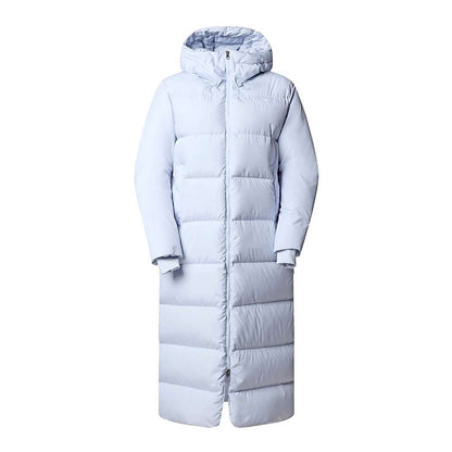 A dusty Periwinkl north face women's triple c parka worn by women.