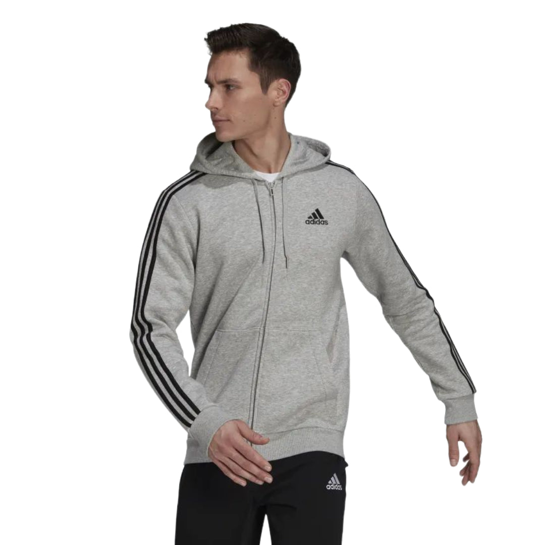 adidas Men's Standard Essentials 3-Stripes Fleece Full-Zip Hooded Track Top - Grey