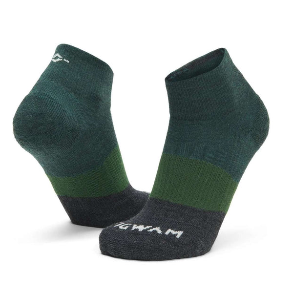 WIGWAM Trail Junkie lightweight quarter socks featuring breathable merino wool-blend construction, cushioned trail-running comfort, and low-profile outdoor performance styling