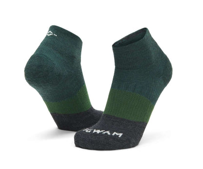 WIGWAM Trail Junkie lightweight quarter socks featuring breathable merino wool-blend construction, cushioned trail-running comfort, and low-profile outdoor performance styling