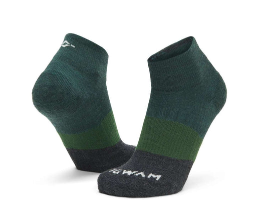 WIGWAM Trail Junkie lightweight quarter socks featuring breathable merino wool-blend construction, cushioned trail-running comfort, and low-profile outdoor performance styling