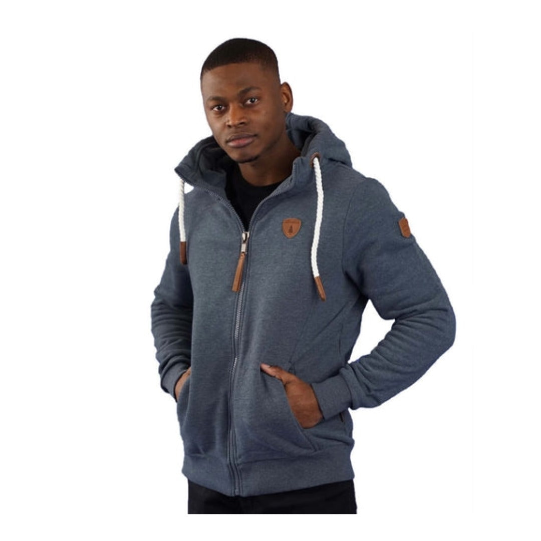 Men wearing Wanakome Zeus zip hoodie with cowl neck, rope drawstrings, and full-zip front, featuring soft fleece fabric and casual everyday styling