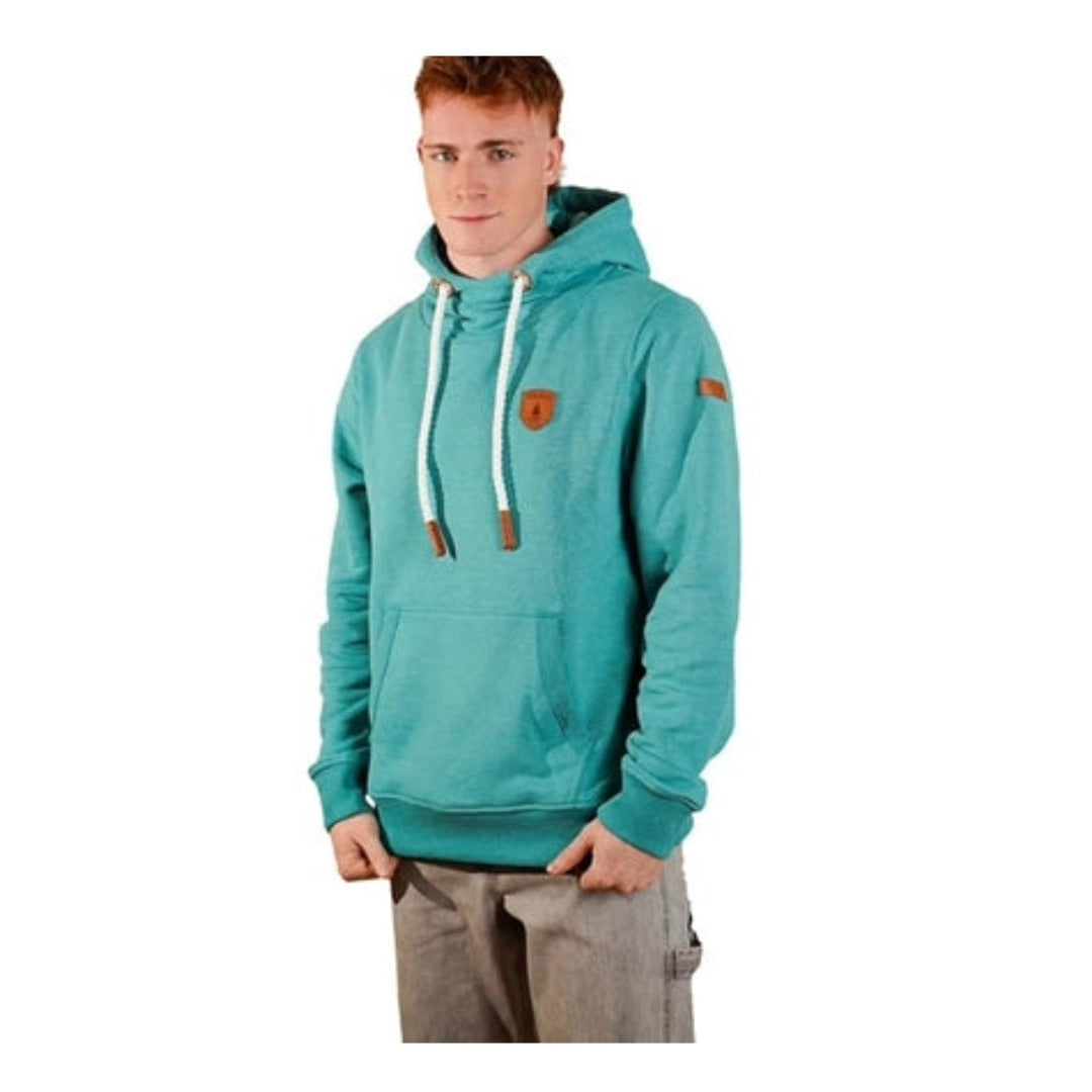 Man wearing Wanakome Cascade hoodie with cowl neck, rope drawstrings, and graphic design, featuring soft fleece fabric for casual everyday style