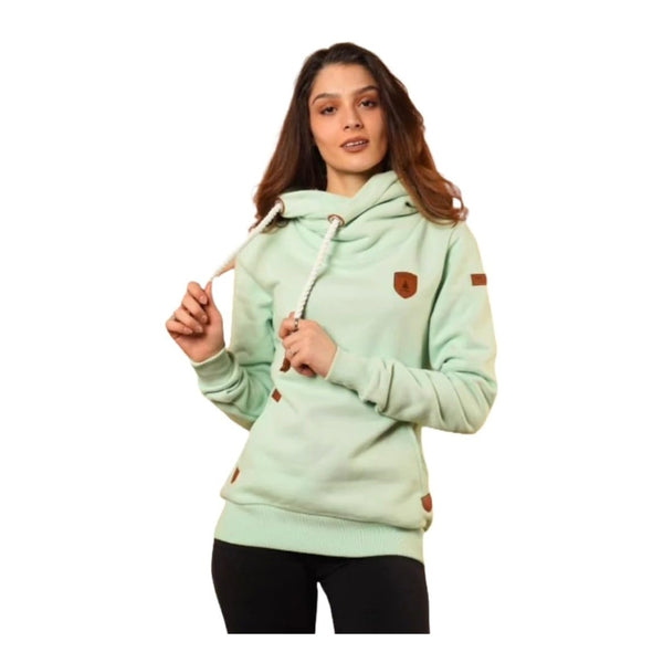 Woman wearing Wanakome Artemis hoodie with cowl neck and rope drawstrings, featuring soft fleece fabric, front pocket, and casual everyday styling