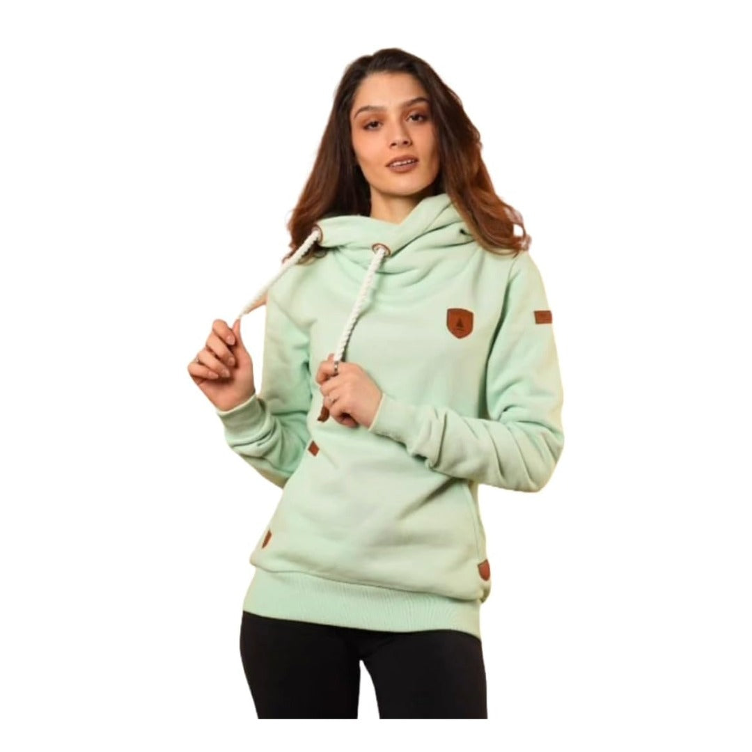 Woman wearing Wanakome Artemis hoodie with cowl neck and rope drawstrings, featuring soft fleece fabric, front pocket, and casual everyday styling