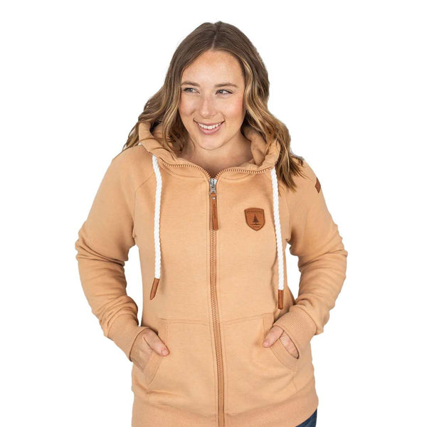 Woman wearing Wanakome Hera hoodie with cowl neck and rope drawstrings, featuring soft fleece fabric and a casual, cozy everyday style