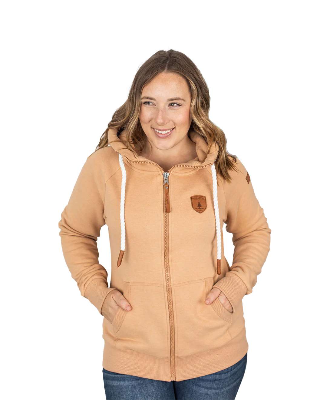 Woman wearing Wanakome Hera hoodie with cowl neck and rope drawstrings, featuring soft fleece fabric and a casual, cozy everyday style