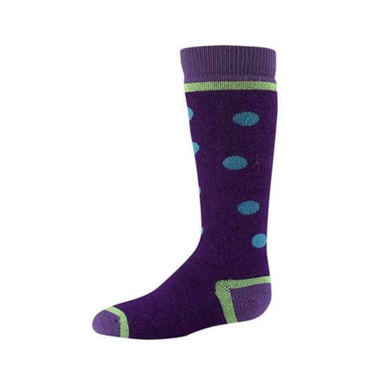 Wigwam Snow Dot kids’ winter socks featuring warm wool-blend knit construction, cushioned comfort, colorful cold-weather styling, and boot-ready design for snow activities