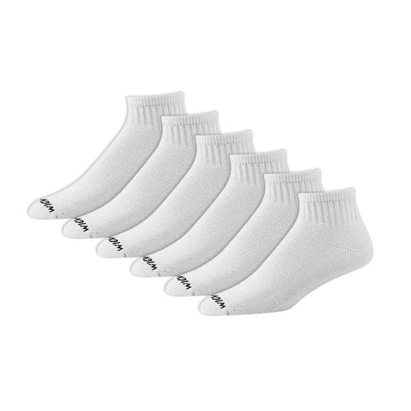 Wigwam Super 60 quarter socks in a 6-pack, featuring cushioned cotton-blend construction, breathable vent panels, and durable athletic quarter-length design for everyday comfort.