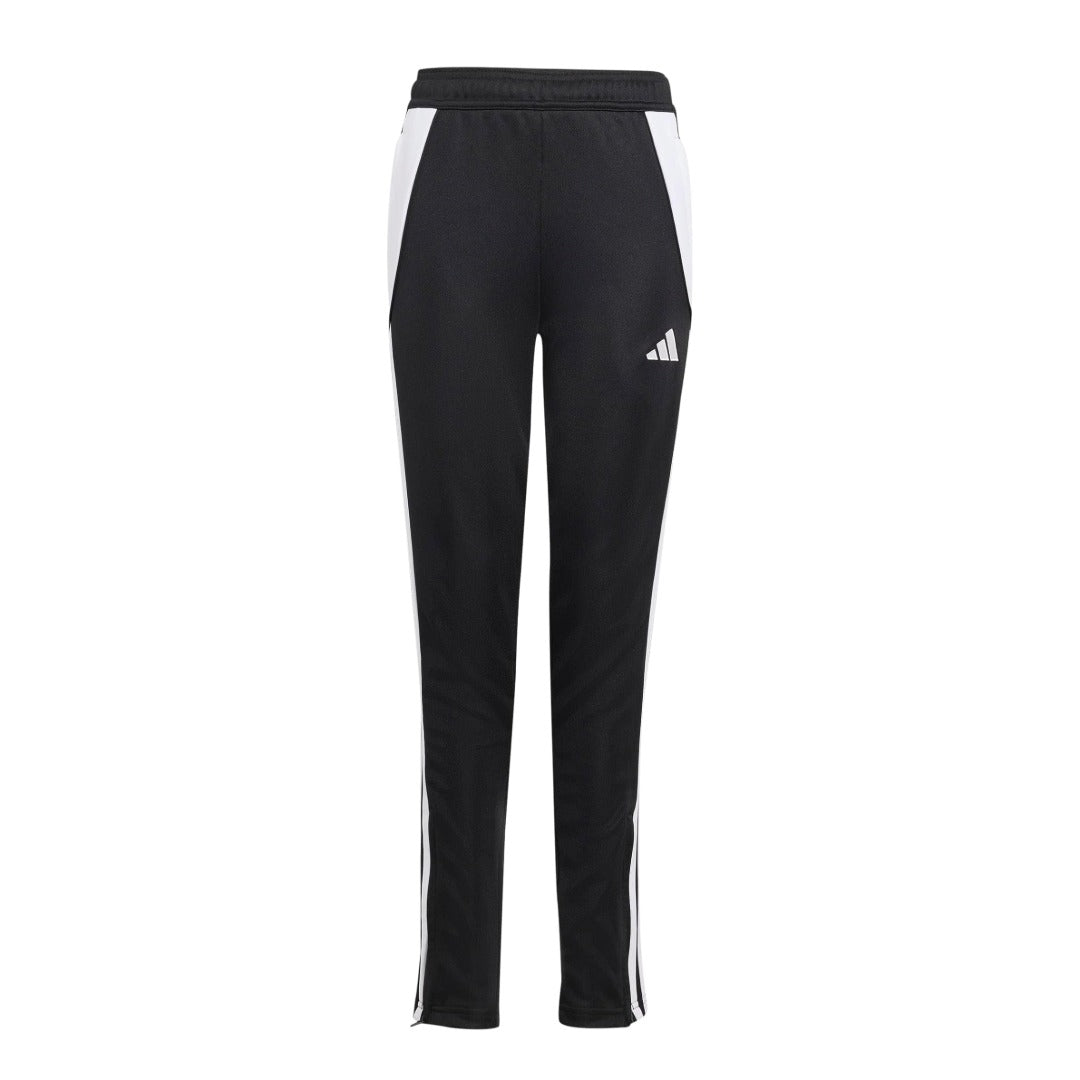 adidas Girls Tiro 24 Training Pants featuring slim tapered fit, elastic drawstring waistband, ankle zips, and signature 3-Stripes design for athletic wear.