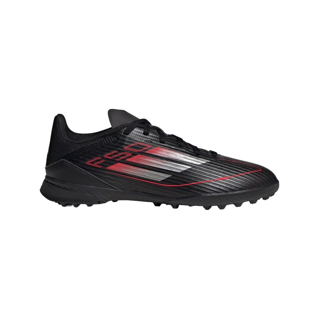 adidas Kids' F50 League Turf Sneakers in a vibrant colorway, featuring a synthetic upper and turf-optimized rubber outsole designed for fast play on artificial surfaces.