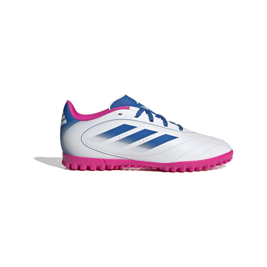 adidas Kids' Goletto IX Turf Soccer Shoes featuring a black synthetic upper with white 3-Stripes and a turf-gripping rubber outsole designed for artificial surfaces.