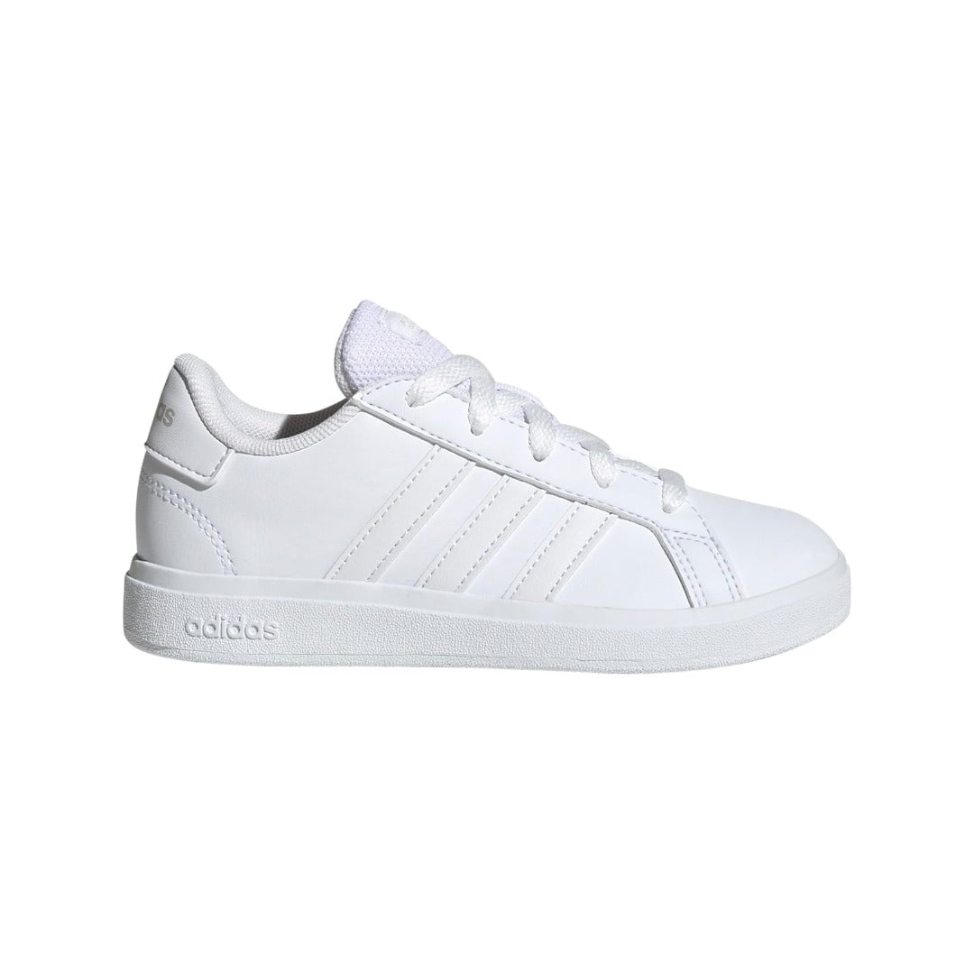 adidas Kids' Grand Court 2.0 Sneakers in white with black 3-Stripes, featuring a classic tennis-inspired design and durable sole for everyday play.