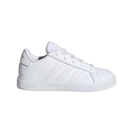 adidas Kids' Grand Court 2.0 Sneakers in white with black 3-Stripes, featuring a classic tennis-inspired design and durable sole for everyday play.