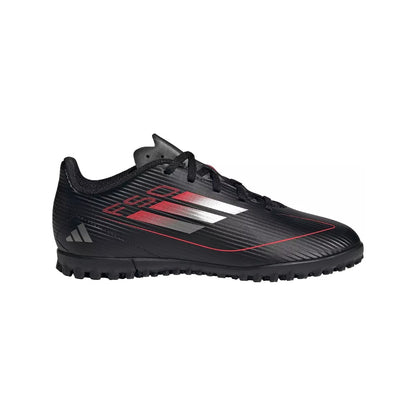 adidas Kids' F50 Club Turf Soccer Shoes in bright red with black accents and F50 logo, designed for artificial turf surfaces.