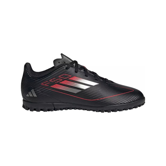 adidas Kids' F50 Club Turf Soccer Shoes in bright red with black accents and F50 logo, designed for artificial turf surfaces.