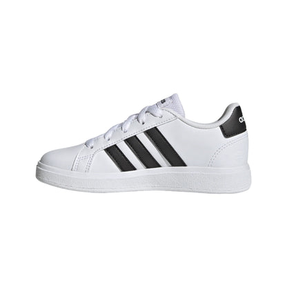 adidas Kids’ Grand Court 2.0 Tennis Shoe in white with classic 3‑Stripes and durable rubber sole.









