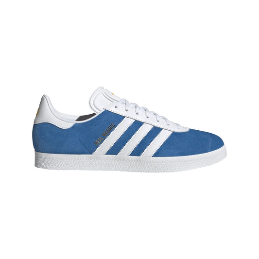 adidas Men's Gazelle Sneaker in navy blue suede with white 3-Stripes and low-profile rubber sole.