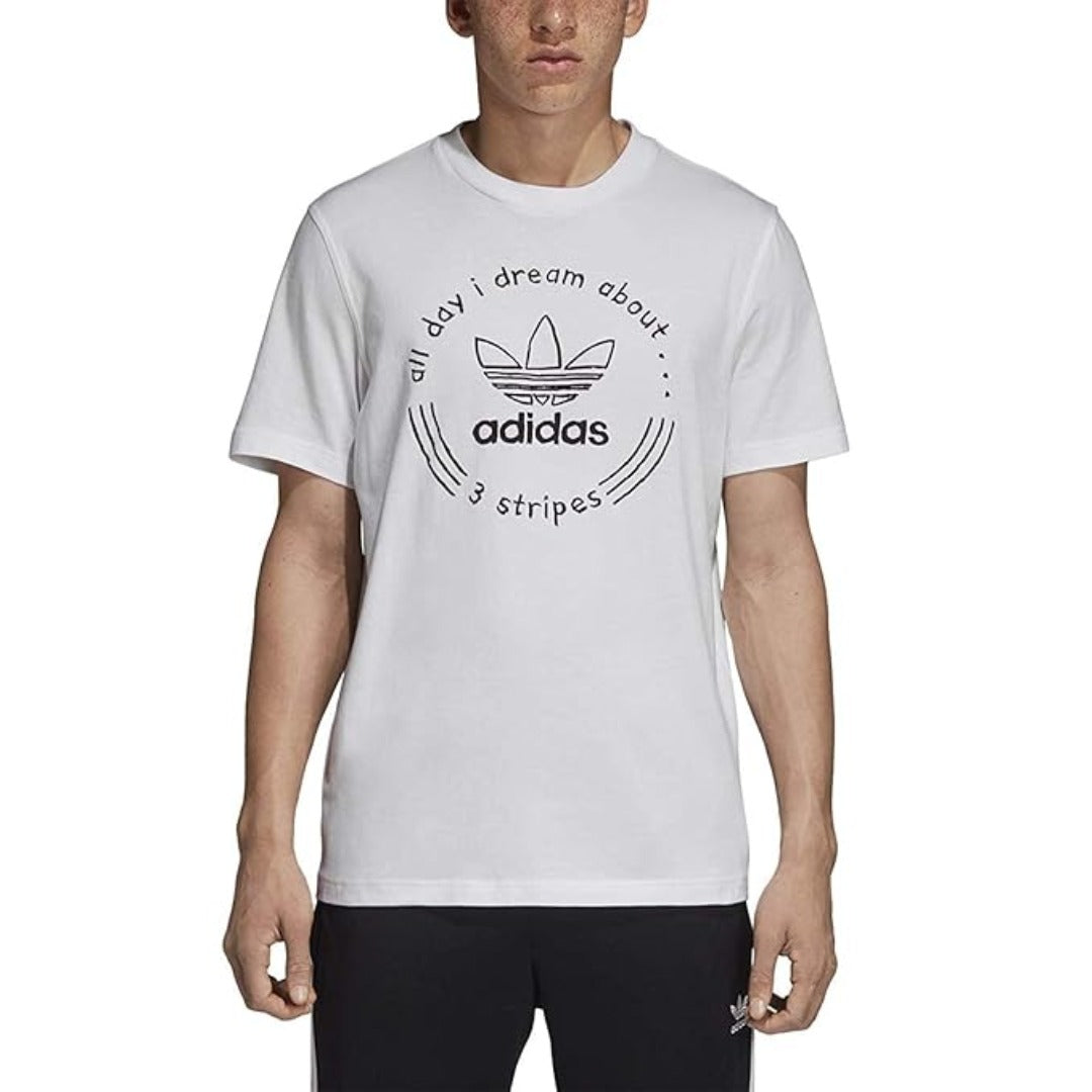 adidas Men's Originals Hand Drawn T-Shirt in white featuring large hand-drawn Trefoil graphic on front with short sleeves and ribbed crew neckline.