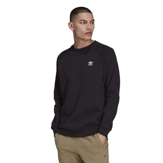 adidas Originals Men’s Essential Crewneck Sweatshirt in black with Trefoil logo on chest and ribbed cuffs and hem.