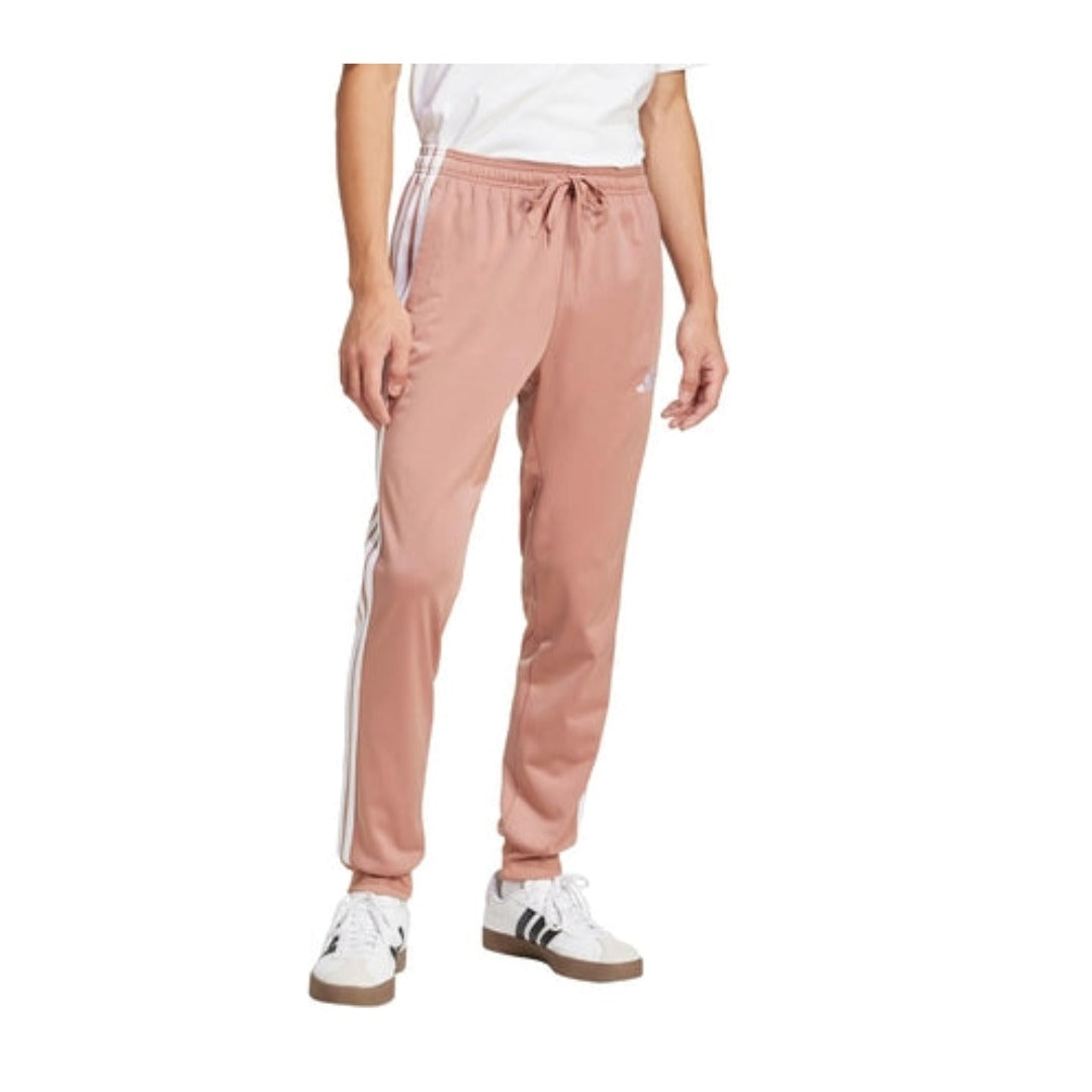 Men’s tapered track pants featuring smooth lightweight tricot fabric, an elastic drawstring waistband, side pockets, signature side stripes, and a modern athletic fit for training and casual wear