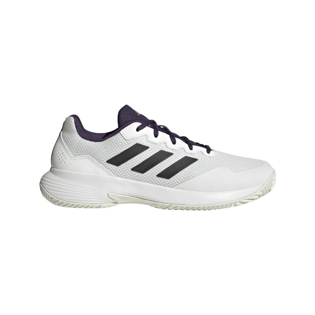 adidas Men's GameCourt 2 Sneaker in white with mesh upper, TPU support, and durable Adiwear rubber sole.