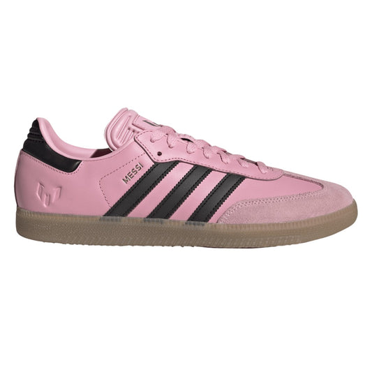 adidas Men’s Samba Messi shoes featuring leather upper, suede toe overlay, rubber outsole, lace-up closure, and Messi-inspired signature details.