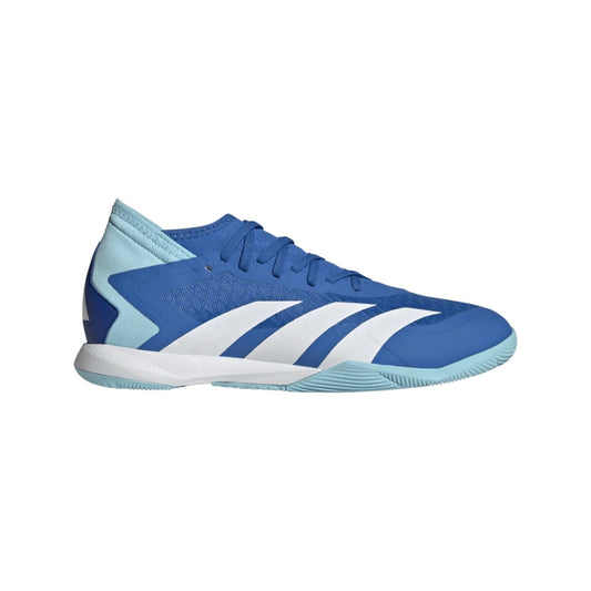 Side profile of adidas Predator Accuracy.3 L IN indoor soccer shoe in bright royal blue with white three-stripe branding and light blue sole.
