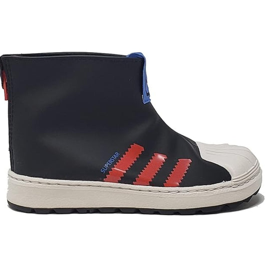 adidas Toddler Superstar 360 Rain shoes in Core Black with Bright Red and Focus Blue details, side view.