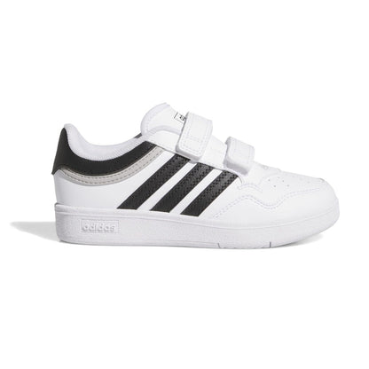adidas Unisex-Child Hoops 4.0 Basketball Sneaker in white with black 3-Stripes and mid-top design for ankle support.









