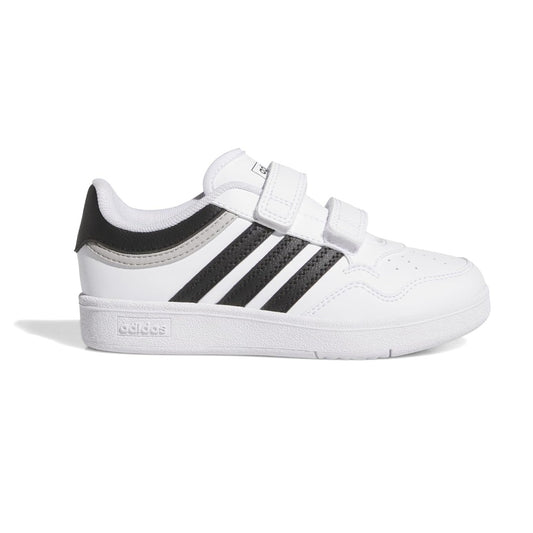 adidas Unisex-Child Hoops 4.0 Basketball Sneaker in white with black 3-Stripes and mid-top design for ankle support.









