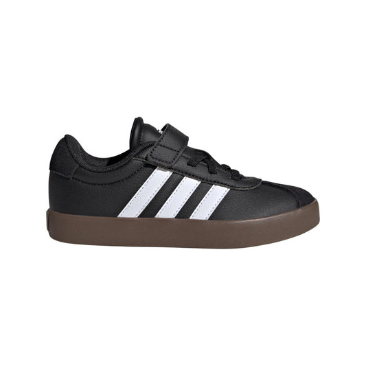 adidas VL Court 3.0 Elastic Lace Sneaker in grey suede with white 3-Stripes and a rubber sole, designed for kids with easy slip-on access.