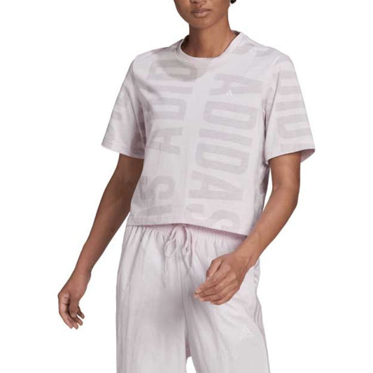 adidas Women’s BLUV Q2 Cropped Tee in white with bold adidas logo, short sleeves, and a modern cropped silhouette.