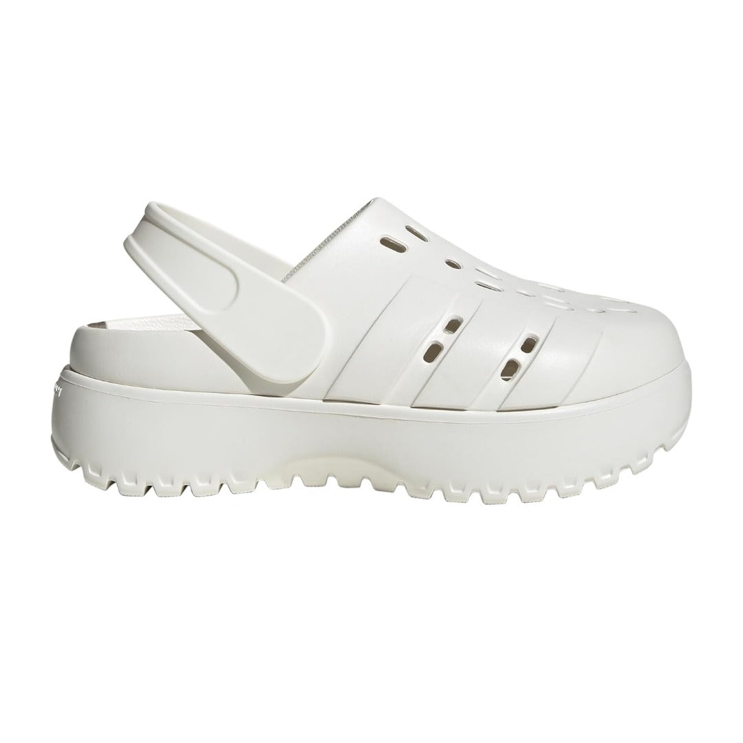 adidas Women's Adilette Clog Platform Slide Sandals in white with black 3-Stripes and chunky sole









