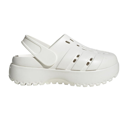 adidas Women's Adilette Clog Platform Slide Sandals in white with black 3-Stripes and chunky sole









