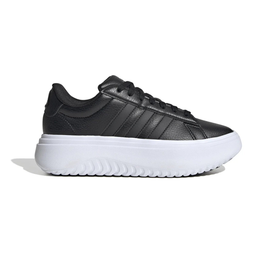 adidas Women’s Grand Court Platform sneakers in all-black with a sleek synthetic leather upper, platform midsole, and tennis-inspired design.