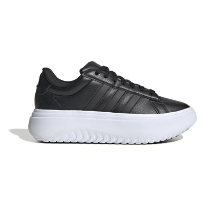 adidas Women’s Grand Court Platform sneakers in all-black with a sleek synthetic leather upper, platform midsole, and tennis-inspired design.
