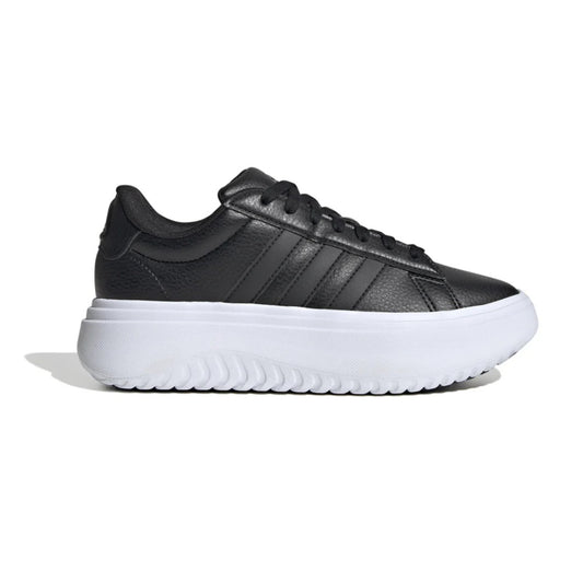 adidas Women’s Grand Court Platform sneakers in all-black with a sleek synthetic leather upper, platform midsole, and tennis-inspired design.