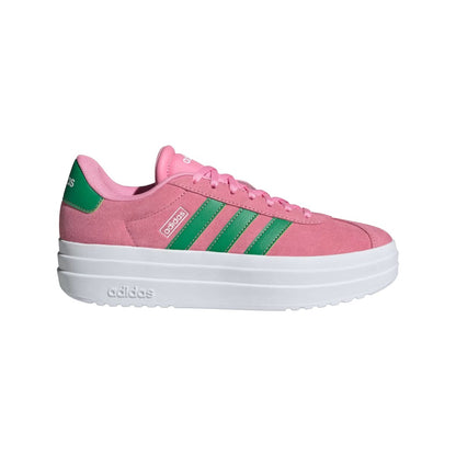 adidas Women’s VL Court Bold in Bliss Pink suede with Green stripes and Cloud White platform sole, side view.