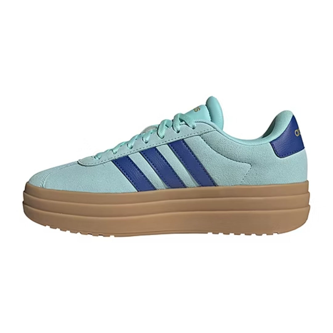 Adidas Women’s VL Court Bold sneaker in Flash Aqua, Team Royal Blue, and Gold Metallic with suede upper and platform outsole.
