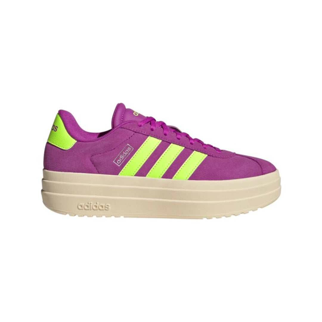 adidas Women’s VL Court Bold sneakers in Flash Pink, Lucid Lemon, and Silver Metallic with white background.