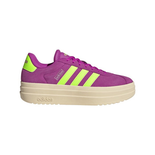 adidas Women’s VL Court Bold sneakers in Flash Pink, Lucid Lemon, and Silver Metallic with white background.