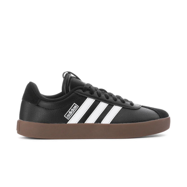 adidas Women's VL Court 3.0 sneakers in Core Black with Cloud White stripes and gum sole, side view.