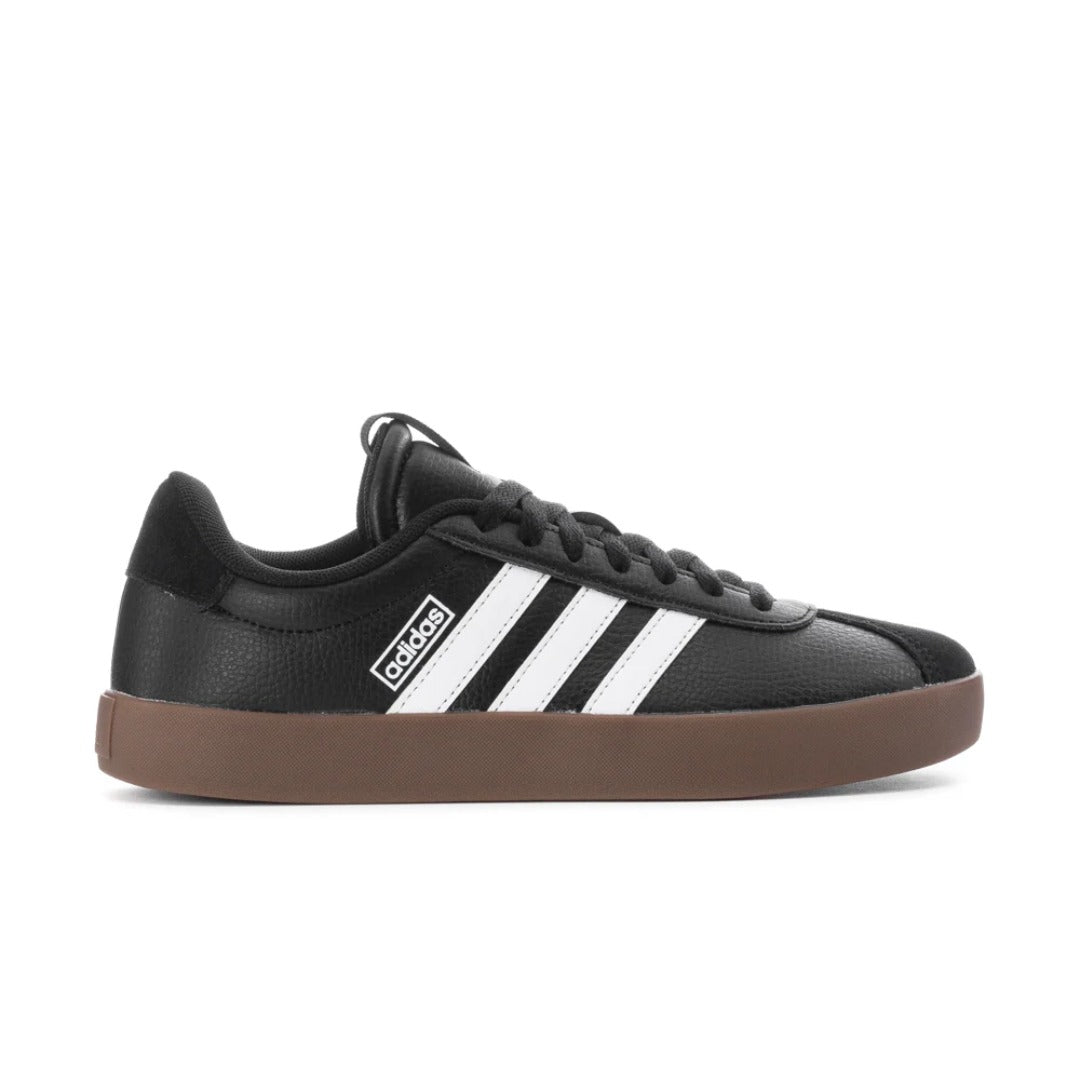 adidas Women's VL Court 3.0 sneakers in Core Black with Cloud White stripes and gum sole, side view.