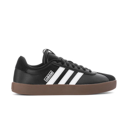 adidas Women's VL Court 3.0 sneakers in Core Black with Cloud White stripes and gum sole, side view.