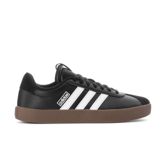 adidas Women's VL Court 3.0 sneakers in Core Black with Cloud White stripes and gum sole, side view.