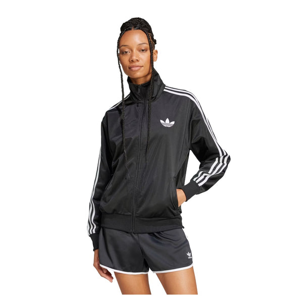 adidas Women’s FIREBIRD Track Top featuring full-zip front, stand collar, signature 3-Stripes sleeves, and embroidered Trefoil logo on smooth tricot fabric.