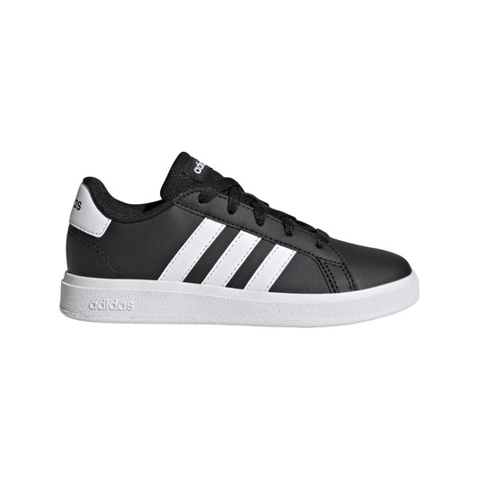 adidas Youth Grand Court 2.0 sneakers in Core Black with Cloud White 3-Stripes, side view.