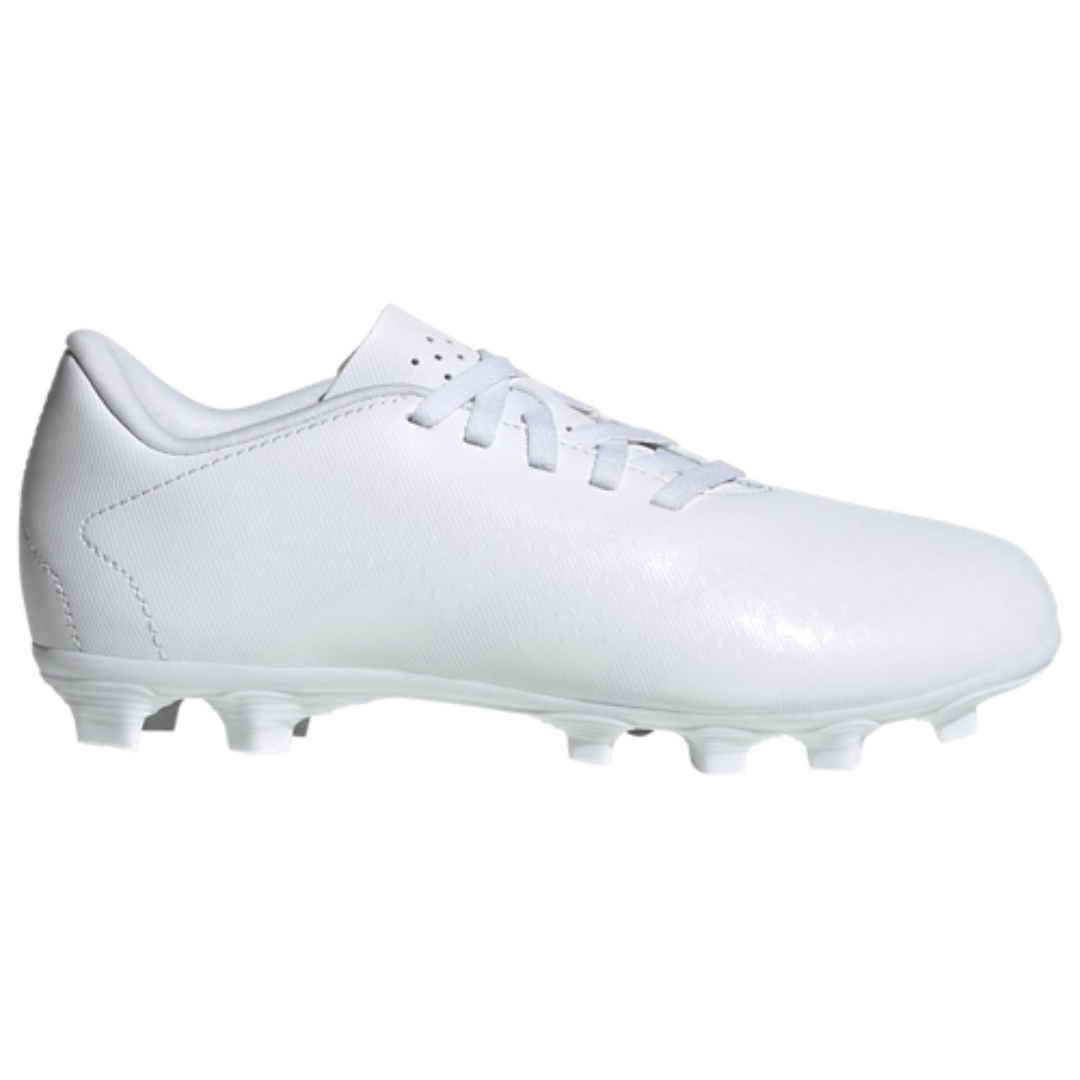 youth-sized adidas Predator Accuracy.4 FxG football cleat in white with textured synthetic upper, lace-up design, and low-profile studs.